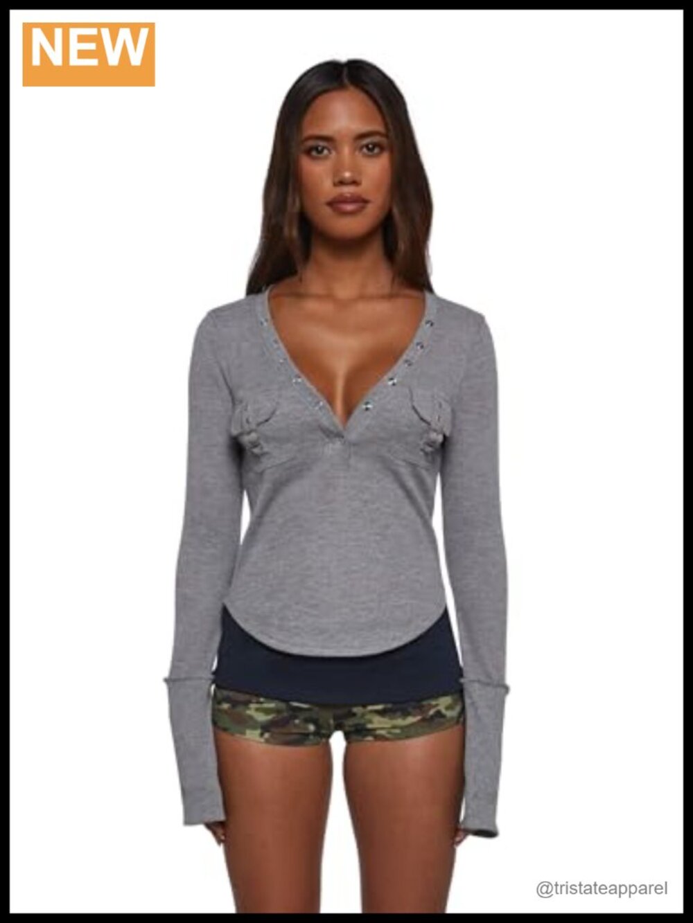 Womens Cropped Waffle Knit Long Sleeve Top Snap Front Cargo Pocket